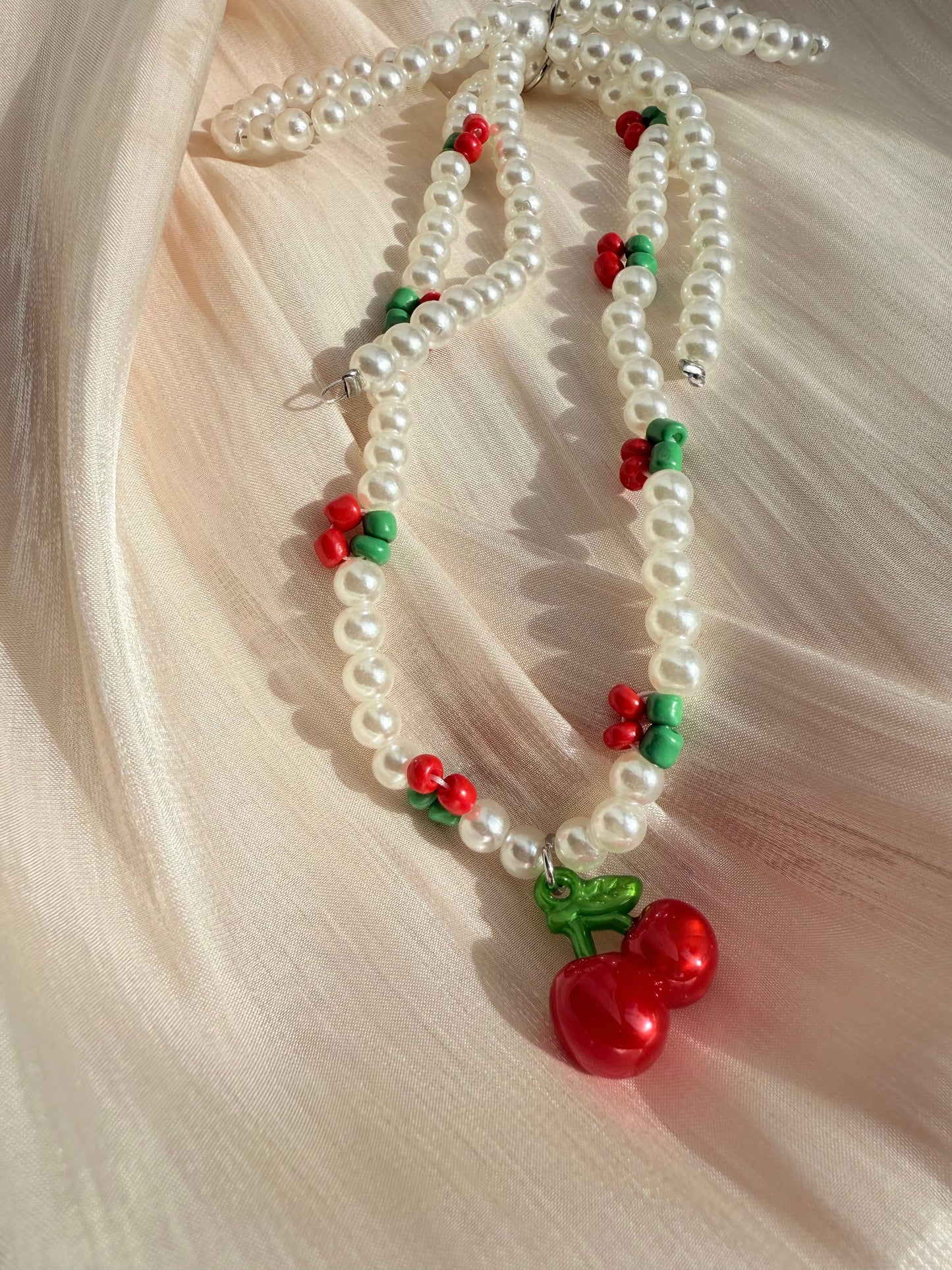 Cherry Pearl Bow Beaded Phone Charm Strap | Kawaiiplaza Wrist Strap Phone Lanyard Keychain for Women