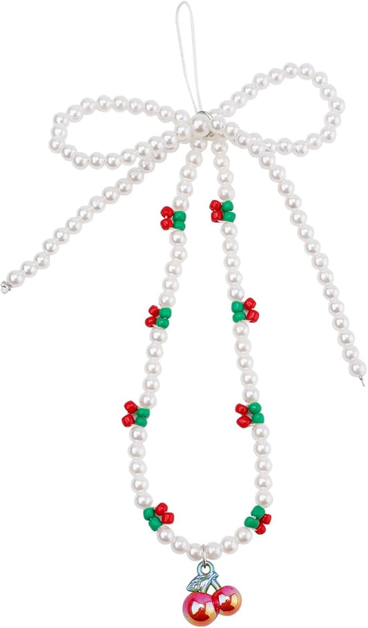 Cherry Pearl Bow Beaded Phone Charm Strap | Kawaiiplaza Wrist Strap Phone Lanyard Keychain for Women