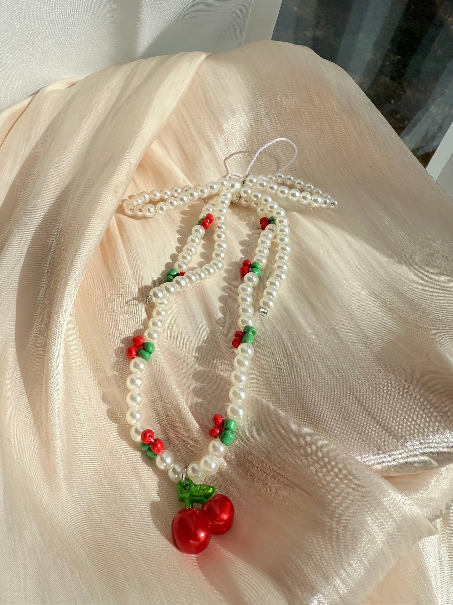 Cherry Pearl Bow Beaded Phone Charm Strap | Kawaiiplaza Wrist Strap Phone Lanyard Keychain for Women