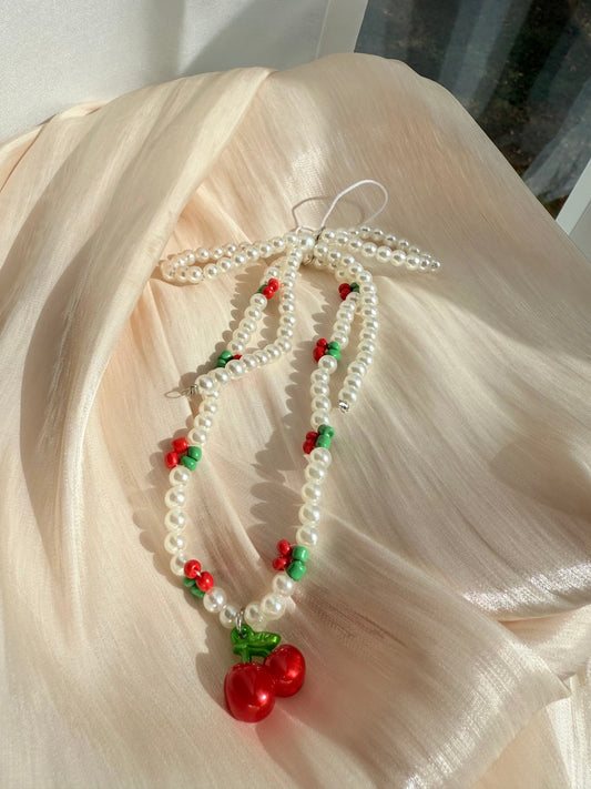 Cherry Pearl Bow Beaded Phone Charm Strap | Kawaiiplaza Wrist Strap Phone Lanyard Keychain for Women