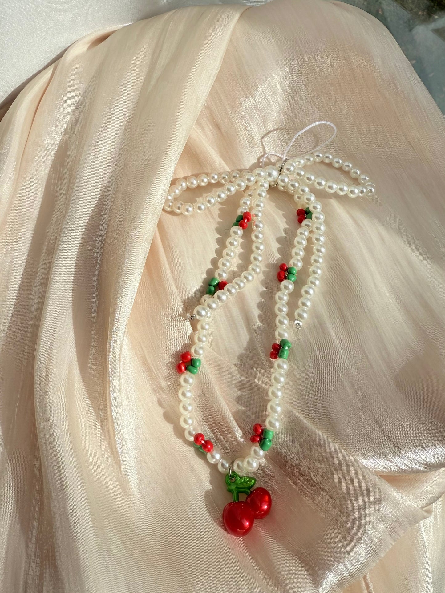 Cherry Pearl Bow Beaded Phone Charm Strap | Kawaiiplaza Wrist Strap Phone Lanyard Keychain for Women