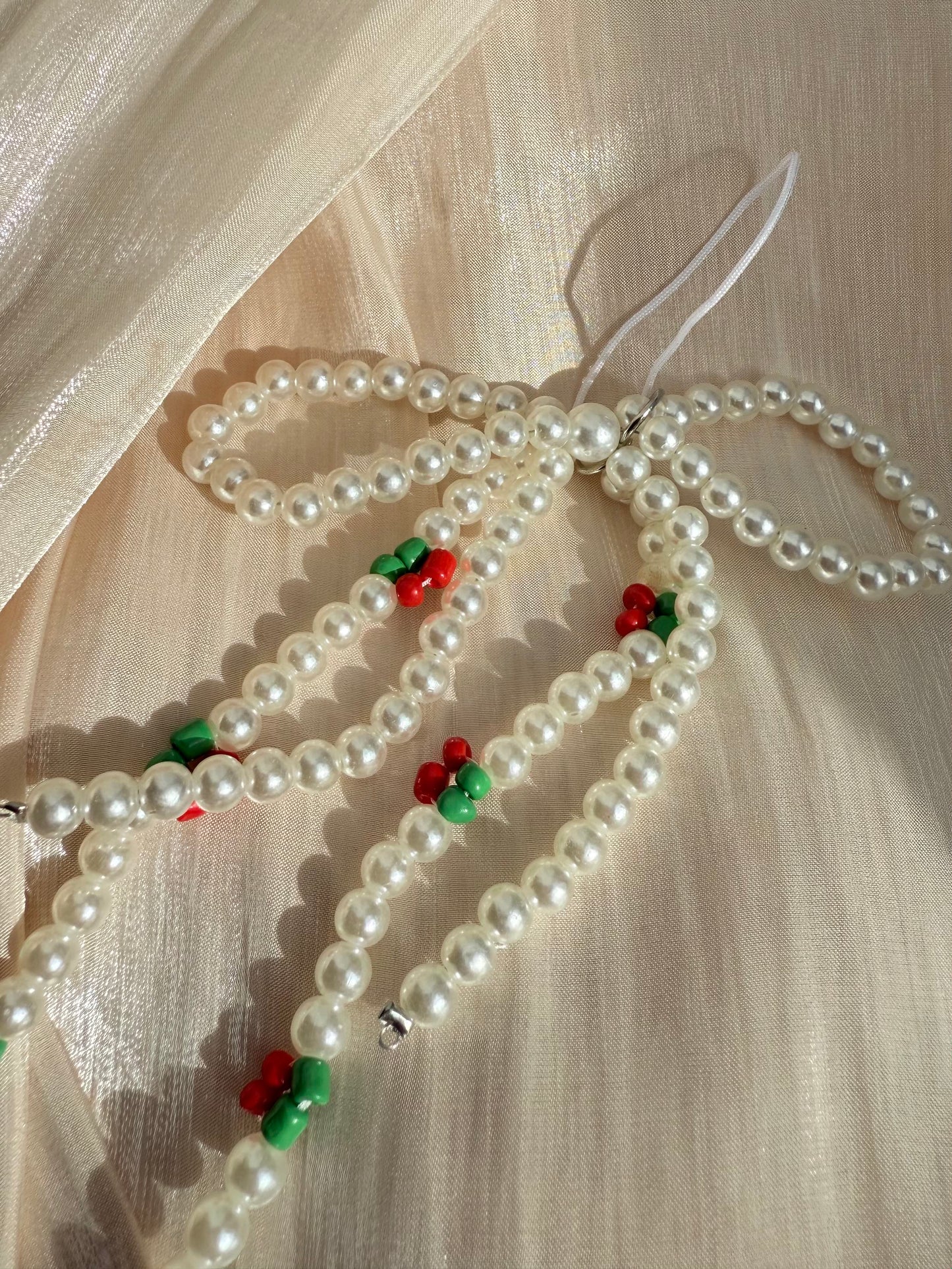 Cherry Pearl Bow Beaded Phone Charm Strap | Kawaiiplaza Wrist Strap Phone Lanyard Keychain for Women